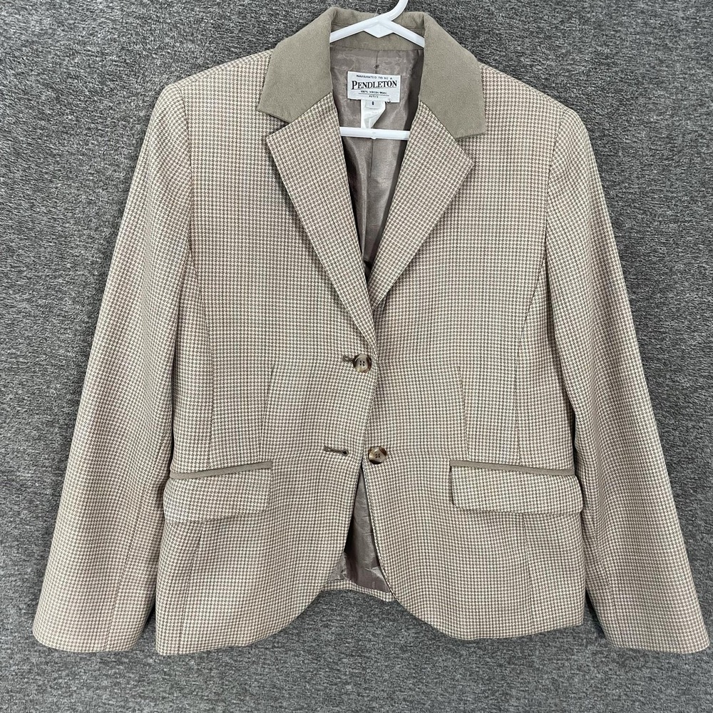 Pendleton Blazer Womens 8 Petite Beige Houndstooth Wool Tweed Lined Jacket